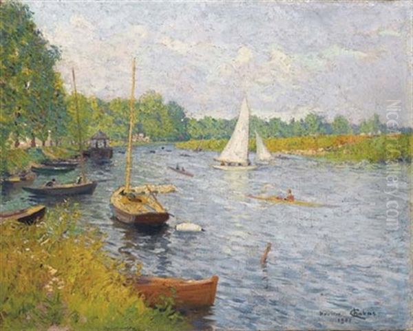 Bateaux Sur Une Fleuve (bougival?) Oil Painting by Maurice Chabas