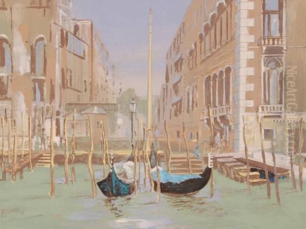 Moored Gondolas In Venice Oil Painting by William King Amsden