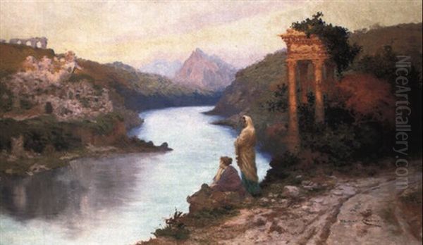 Figures By A River With Classical Ruins by Maurice Chabas