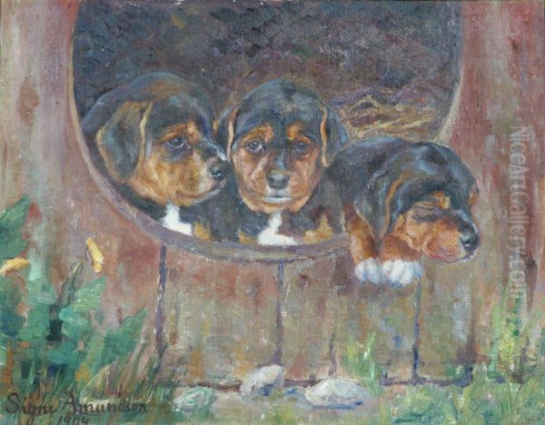 Tre Valpar I Hundkoja Oil Painting by Signe Amundson