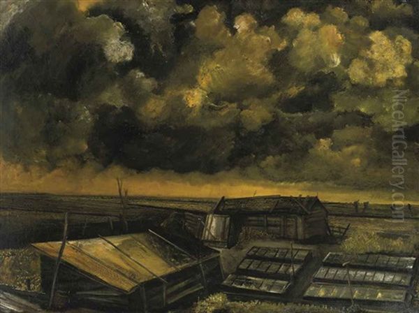 Greenhouses In A Polder Landscape Oil Painting by Hendrik Chabot