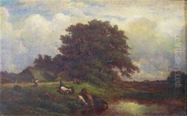 Landscape With Figures And Pond Oil Painting by Leonce Chabry