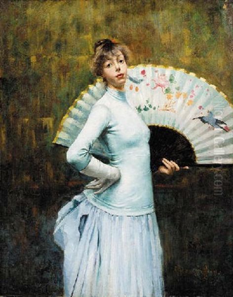 Elegant Lady Holding A Fan Oil Painting by Eugene Chaffanel