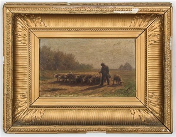 Shepherd With Flock Oil Painting by Jean Ferdinand Chaigneau