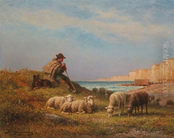 Berger Et Ses Moutons En Bord De Mer A Saint Valery-en-caux Oil Painting by Jean Ferdinand Chaigneau