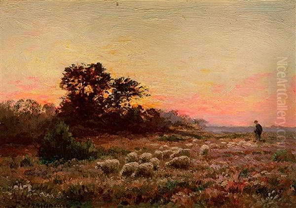 Berger Et Son Troupeau Au Crepuscule Oil Painting by Jean Ferdinand Chaigneau