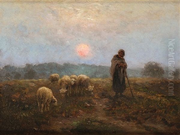 Bergere Et Son Troupeau A L'angelus Oil Painting by Jean Ferdinand Chaigneau