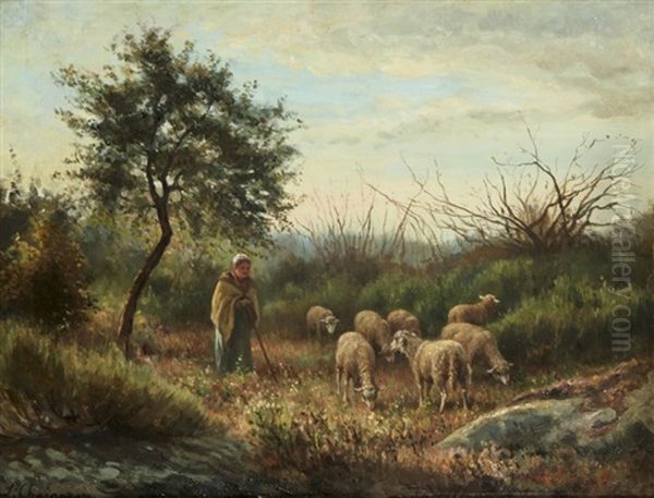 Troupeau De Moutons A Barbizon Oil Painting by Jean Ferdinand Chaigneau