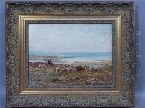 Bergere Et Moutons En Bord De Mer Oil Painting by Jean Ferdinand Chaigneau