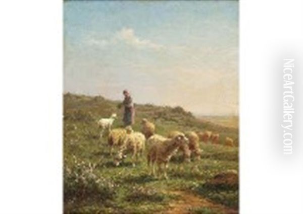 Shepherd Girl And Flock Of Sheep Oil Painting by Jean Ferdinand Chaigneau