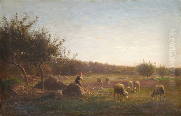 Bergere Gardant Ses Moutons Oil Painting by Jean Ferdinand Chaigneau