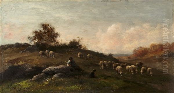 Le Berger Et Ses Moutons Oil Painting by Jean Ferdinand Chaigneau