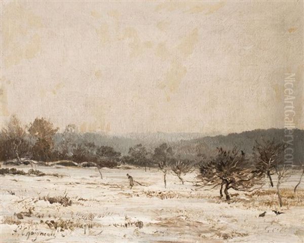 Femme Trainant Une Branche De Bois Mort Dans Un Paysage D'hiver Oil Painting by Jean Ferdinand Chaigneau