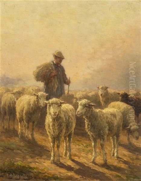 Shepherd And Sheep At Twilight Oil Painting by Jean Ferdinand Chaigneau