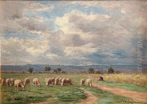 Moutons Au Pre Oil Painting by Jean Ferdinand Chaigneau