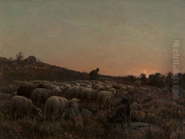 Le Retour Du Troupeau, Soleil Couchant Oil Painting by Jean Ferdinand Chaigneau