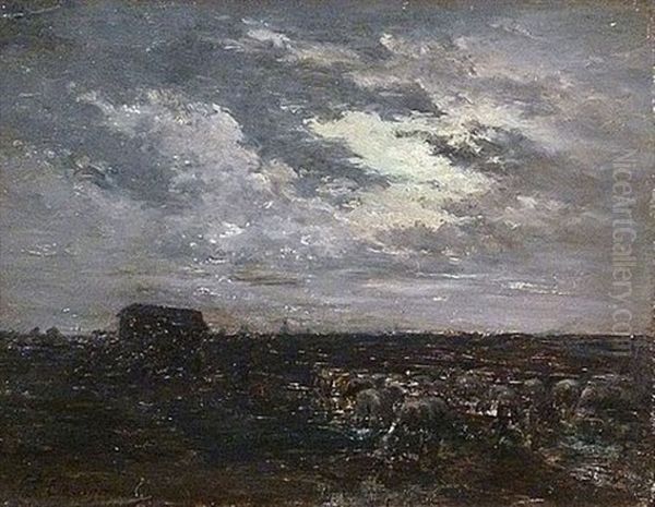 Moutons Sur La Lande Au Clair De Lune Oil Painting by Jean Ferdinand Chaigneau