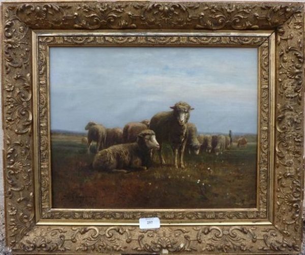 Troupeau De Moutons Sur La Lande Oil Painting by Jean Ferdinand Chaigneau