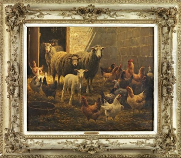 Moutons Et Poules Dans Une Bergerie Oil Painting by Jean Ferdinand Chaigneau