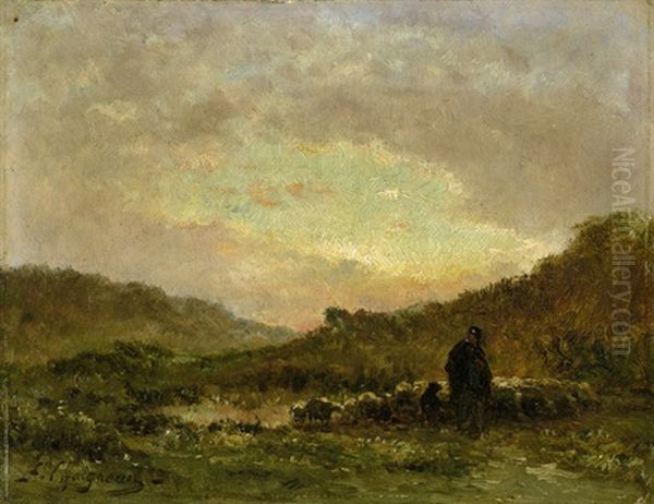 Schafhirte Mit Seiner Herde Im Abendlicht Oil Painting by Jean Ferdinand Chaigneau