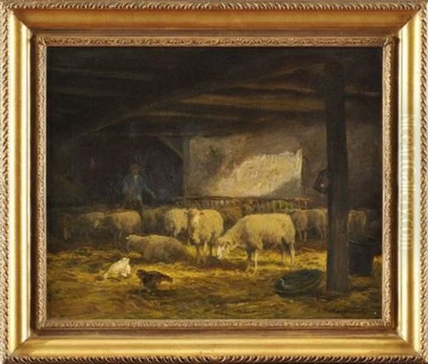 Berger Avec Ses Moutons Dans Une Etable Oil Painting by Jean Ferdinand Chaigneau