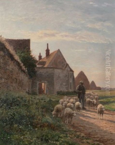 Le Pere Chicore Et Son Troupeau A Barbizon Oil Painting by Jean Ferdinand Chaigneau