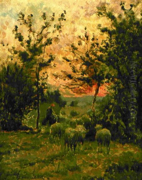 Berger Et Son Troupeau Au Coucher Du Soleil Oil Painting by Jean Ferdinand Chaigneau