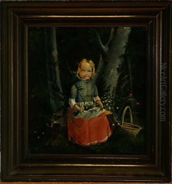 A Little Girl Sitting On A Stump With Flowers In Arpon Oil Painting by Cath., Nee Engelhart Amyot