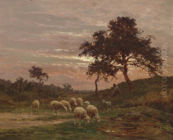 Berger Et Son Troupe Au Soleil Couchant Oil Painting by Jean Ferdinand Chaigneau