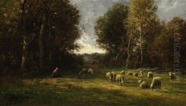 Hirtin Mit Ihrer Schafherde Auf Einer Waldlichtung Oil Painting by Jean Ferdinand Chaigneau