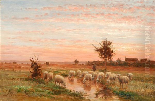 Teichlandschaft Im Abendrot, Im Vordergrund Ein Schafhirte Mit Seiner Herde Oil Painting by Jean Ferdinand Chaigneau