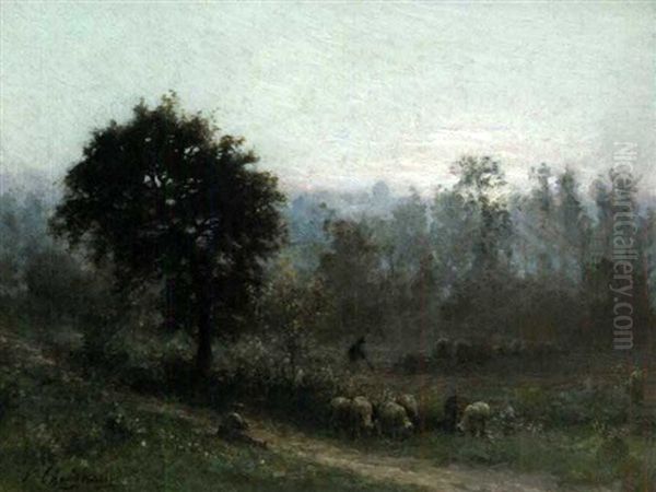 Berger Et Ses Moutons Au Labour Oil Painting by Jean Ferdinand Chaigneau