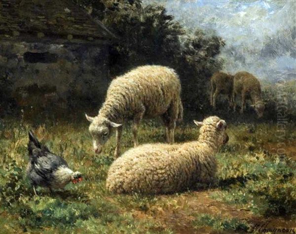 Moutons Et Poules Devant La Bergerie by Jean Ferdinand Chaigneau