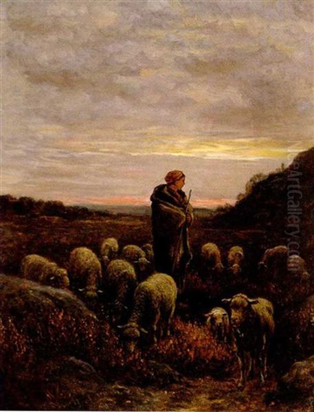 A Shepherd And His Flock, Sunset Oil Painting by Jean Ferdinand Chaigneau