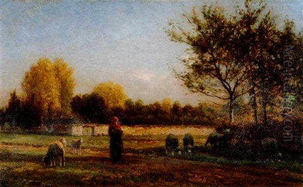 Landschaft Mit Hirtin Und Weidenden Schafen Oil Painting by Jean Ferdinand Chaigneau