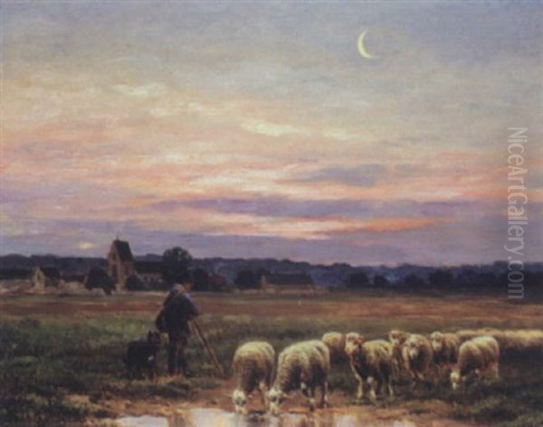 Troupeau De Moutons A L'abreuvoir Oil Painting by Jean Ferdinand Chaigneau