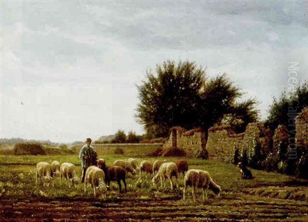 Le Troupeau Du Jeune Chicore En Paturage A Barbizon Oil Painting by Jean Ferdinand Chaigneau