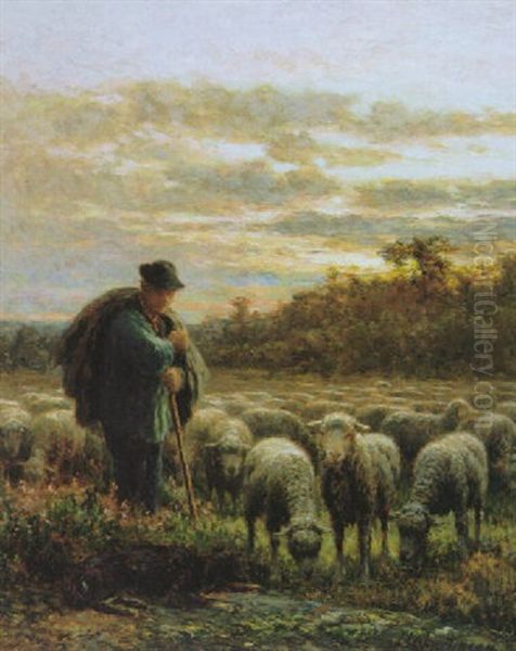 Shepherd And His Flock Oil Painting by Jean Ferdinand Chaigneau