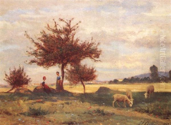 Paysage Aux Deux Bergeres Et Trois Moutons Oil Painting by Jean Ferdinand Chaigneau