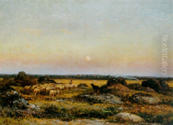 Le Troupeau Au Coucher Du Soleil Oil Painting by Jean Ferdinand Chaigneau