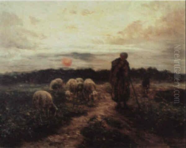 Shepherd Tending His Flock Oil Painting by Jean Ferdinand Chaigneau