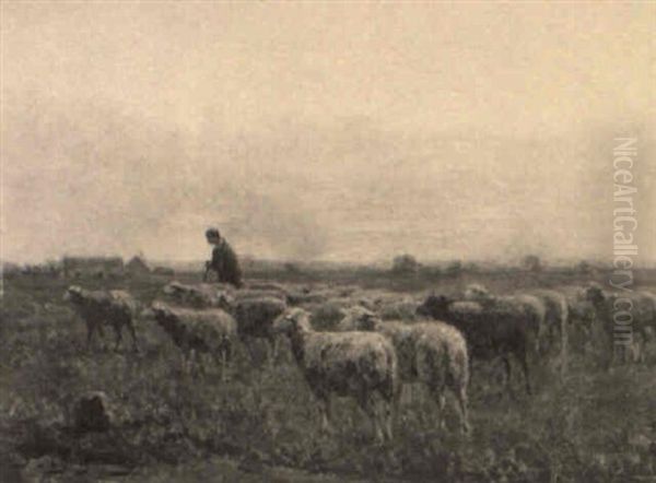 Grazing Sheep Oil Painting by Jean Ferdinand Chaigneau