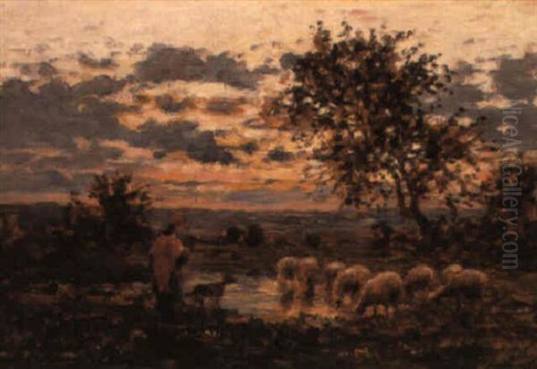 A Shepherdess And Her Flock Oil Painting by Jean Ferdinand Chaigneau