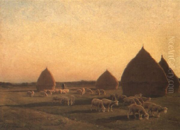 Sheep Grazing Near Haystacks Oil Painting by Jean Ferdinand Chaigneau