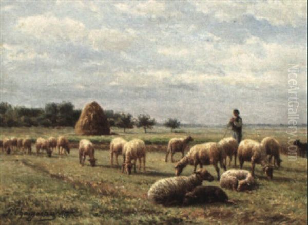 Shepherd Boy Watching His Flock Oil Painting by Jean Ferdinand Chaigneau