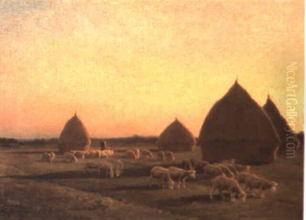 Sheep Grazing Near Haystacks Oil Painting by Jean Ferdinand Chaigneau