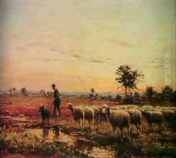 A Shepherd With His Flock At Sunset. Oil Painting by Jean Ferdinand Chaigneau