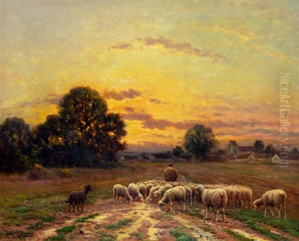 Abendliche Landschaft Mit Heimkehrender Schafherde Am Dorfrand Oil Painting by Paul Chaigneau