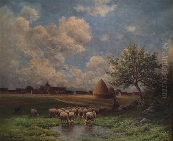 Moutons Pres De L'etang Et Meules De Foin Oil Painting by Paul Chaigneau