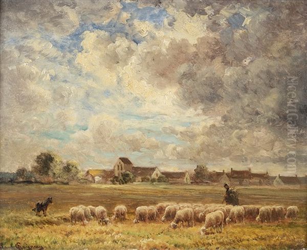 Le Troupeau (flock Of Sheep) Oil Painting by Paul Chaigneau